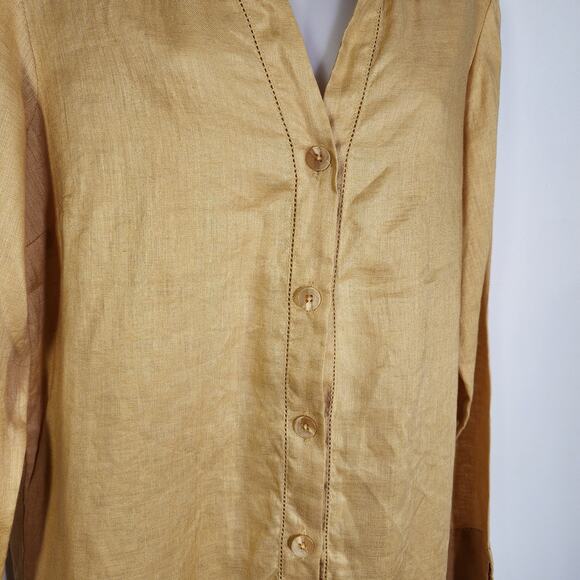 Rafaella Woman Tunic Top Size 10 Linen Shirt Yellow Button Up Long Sleeve Eyelet - Picture 6 of 10
